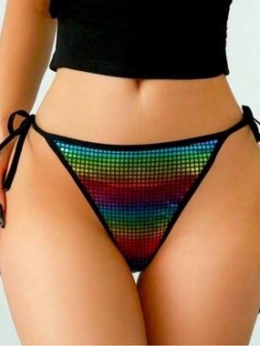 Tie-Side Rainbow Grid Bikini Bottom - Black Trim